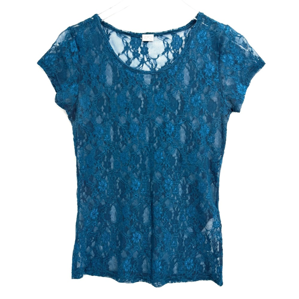 Yamamay Blue Floral Lace Short Sleeve Top Size L Fairy Sheer Made in Italy